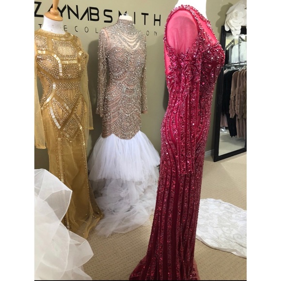 Burgundy Long sleeved beaded Evening Gown - Picture 2 of 4